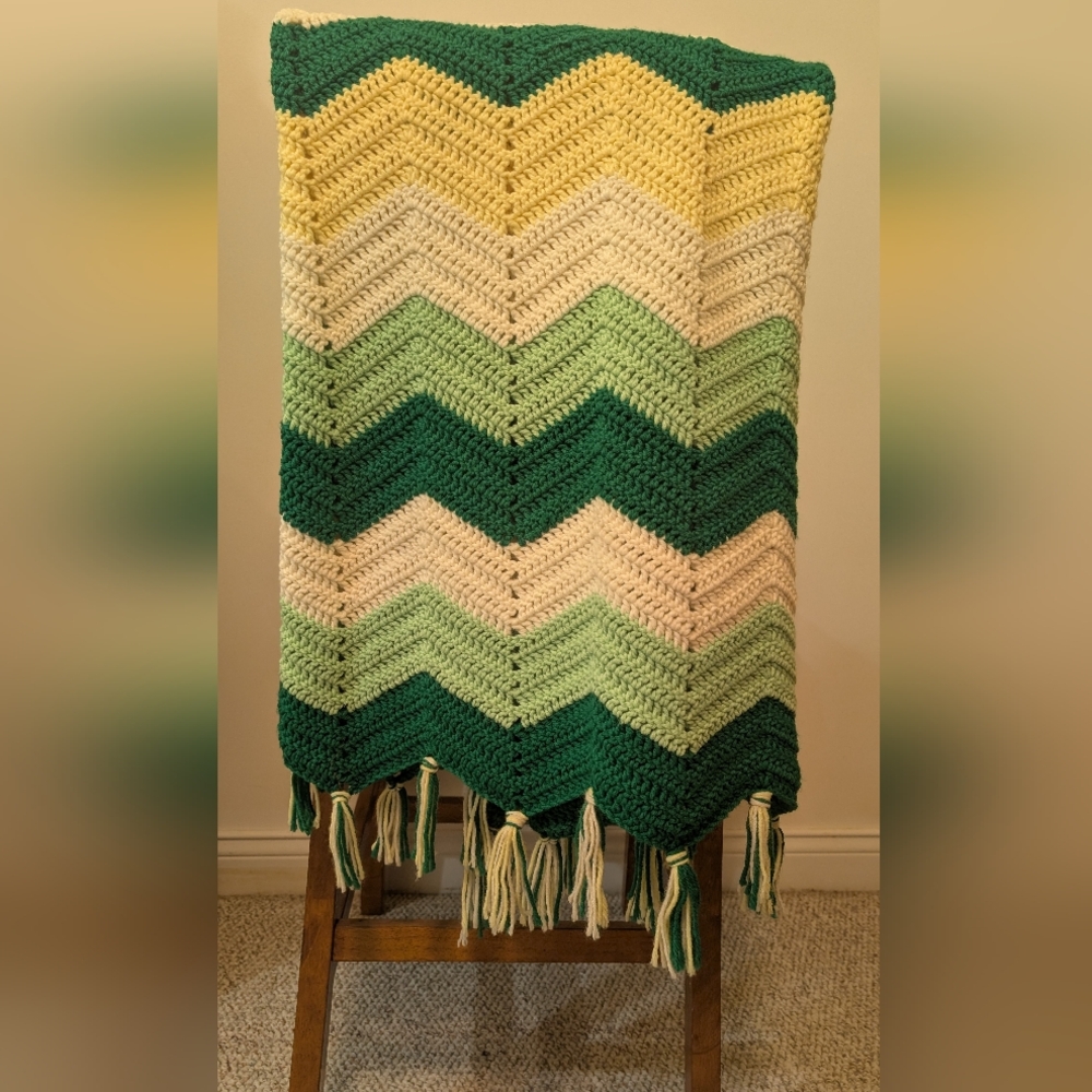 Chevron HandKnit Green, Yellow And White Blanket with Tassels 53" X 49"